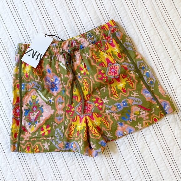 NWT ZARA Green Multicolor Aztec Printed Drawstring Linen Blend Beach Shorts XS - Picture 2 of 8